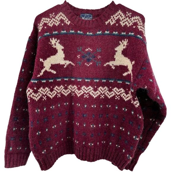 Vintage Woolrich Fair Isle Sweater Wool Mohair 80s Crew Neck Reindeer Maroon M - Picture 1 of 4